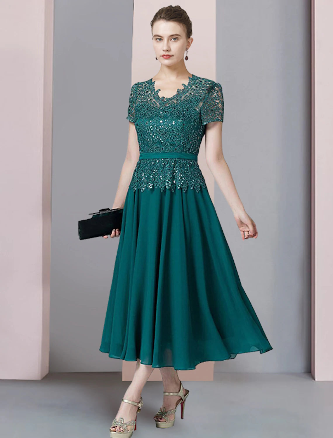 Wholesale Two Piece A-Line Mother of the Bride Dress Formal Wedding Guest Elegant V Neck Tea Length Chiffon Lace Short Sleeve Wrap Included with Sequin Appliques